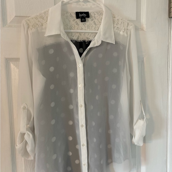 Sheer White Blouse Lace Yoke Polka Dot Back Button Front Roll Sleeve Top Women L - Picture 8 of 10